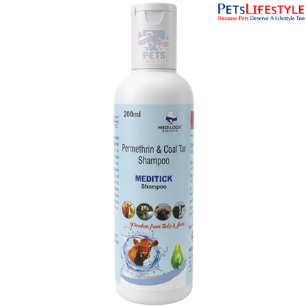MEDITICK Vet Shampoo – Permethrin & Coal Tar Veterinary Shampoo | Anti-Tick, Anti-Flea & Medicated Skin Care Shampoo for Dogs | 200 ml