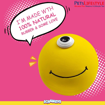 Squeeezys Latex Monster Ball Yellow Squeaky Dog Toy – Natural Latex Rubber Play Toy for Dogs