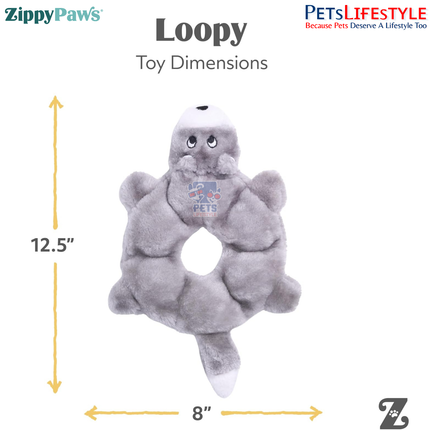 ZippyPaws Loopy – Wolf  Stuffing-Free Plush Dog Toy with Multi Squeakers