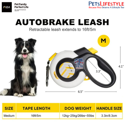 FIDA AutoBrake Retractable Dog Leash 16ft Safety Lock