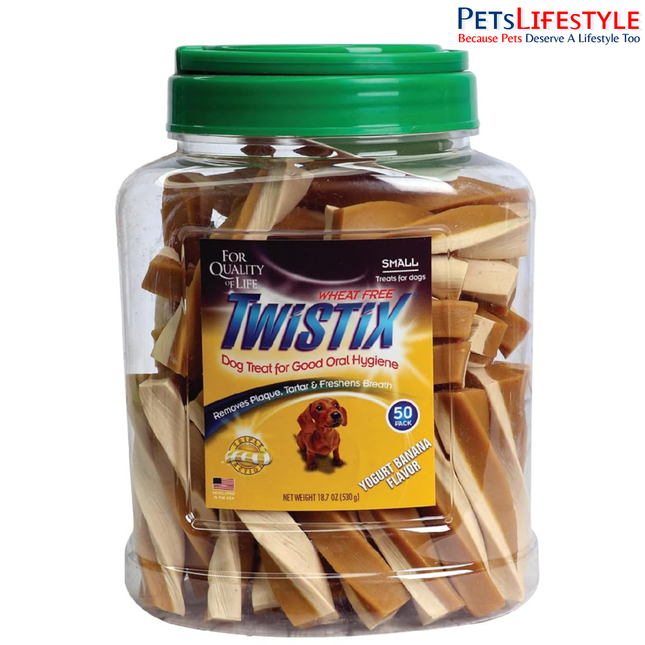 Twistix Canister Twisted Dental Dog Treats – Yogurt & Banana Flavor Daily Dental Chews for Small Dogs | 50 Sticks