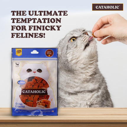 Cataholic Chicken & Fish Treats for Cats and Kittens | Cube Chicken & Codfish Snack | High Protein, Easily Digestible, Healthy Cat Treats for Training & Daily Rewards – 50 gm