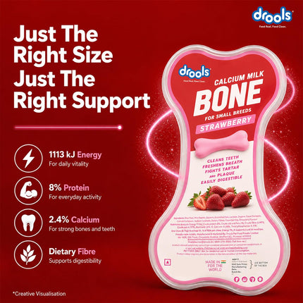 Drools Calcium Milk Bone Dog Treats – Strawberry Flavour | Calcium-Rich Dental Chews for Strong Bones & Healthy Teeth