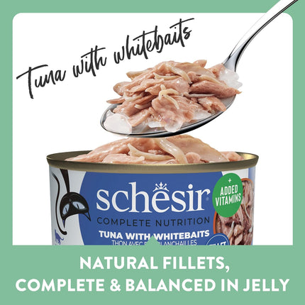 Schesir Tuna with Whitebaits Wet Food for Adult Cats, Natural Fish Fillets in Jelly, High Protein Cat Food, 85 Grams
