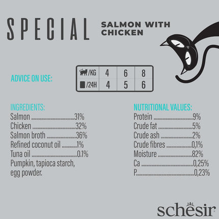 Schesir Special Skin & Coat Cat Mousse, Salmon – High Nutrition, Omega-3 Rich, Grain-Free, Premium Wet Food for Skin & Coat Health, 70g