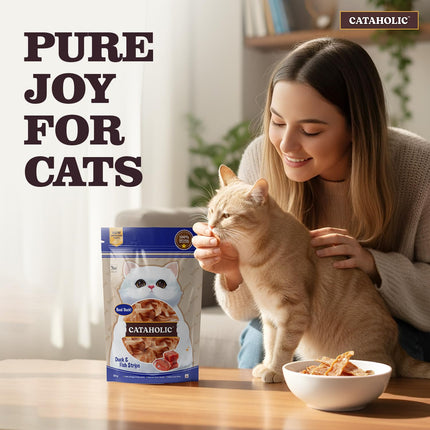 Cataholic Duck & Fish Jerky Strips Cat Treats, High Protein Natural Cat Snacks, Soft Chewy Training Treats for All Cat Breeds, 50 g