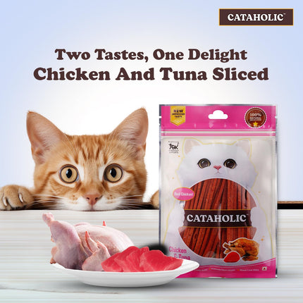 Cataholic Chicken & Fish Treats for Cats and Kittens | High Protein, Easily Digestible & Healthy Snack | Ideal Training Reward Treat for All Breeds | Chicken & Tuna Sliced, 50 gm