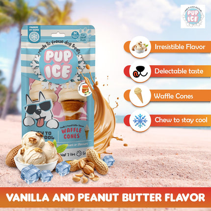 Pup Ice Ready-to-Freeze Waffle Cone Dog Treats – Vanilla & Peanut Butter Combo Pack (110g x 2)
