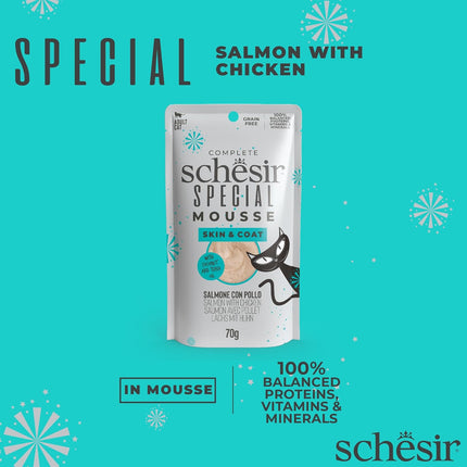 Schesir Special Skin & Coat Cat Mousse, Salmon – High Nutrition, Omega-3 Rich, Grain-Free, Premium Wet Food for Skin & Coat Health, 70g