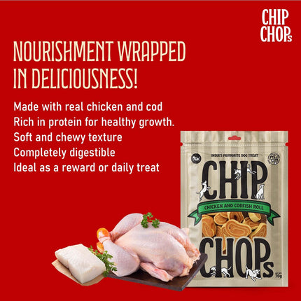 Chip Chops Chicken Codfish Rolls Dog Treats 70gm, High Protein Dog Snacks, Healthy Training Treats for Dogs, Suitable for All Breeds Puppies & Adult Dogs