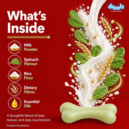 Drools Calcium Milk Bone Dog Treats – Spinach Flavour | Calcium-Rich Dental Chews for Strong Bones & Healthy Teeth
