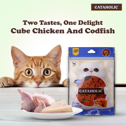 Cataholic Chicken & Fish Treats for Cats and Kittens | Cube Chicken & Codfish Snack | High Protein, Easily Digestible, Healthy Cat Treats for Training & Daily Rewards – 50 gm
