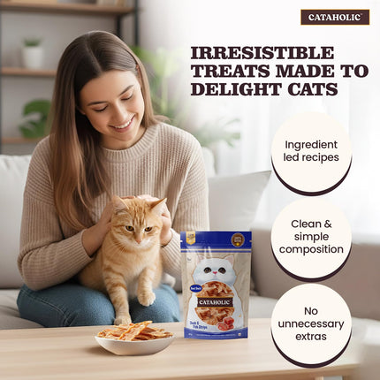 Cataholic Duck & Fish Jerky Strips Cat Treats, High Protein Natural Cat Snacks, Soft Chewy Training Treats for All Cat Breeds, 50 g