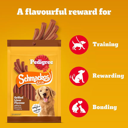 Pedigree Schmackos Stix Grilled Liver Flavour Dog Treat 70 g | Soft & Chewy Stix with Omega 6 & Low Fat