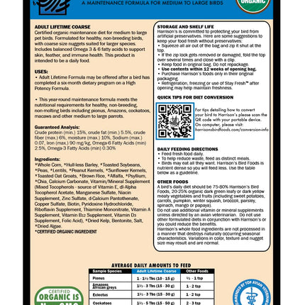Harrison's Bird Foods Adult Lifetime Coarse Certified Organic Maintenance Formula For Medium To Large Birds
