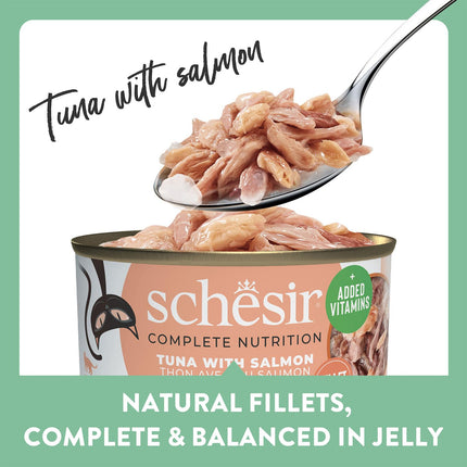 Schesir Tuna with Salmon Wet Food for Adult Cats, Natural Fish Fillets in Jelly, High Protein Premium Cat Food, No Artificial Preservatives, 85 Grams