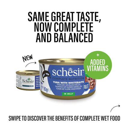 Schesir Tuna with Whitebaits Wet Food for Adult Cats, Natural Fish Fillets in Jelly, High Protein Cat Food, 85 Grams