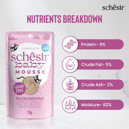 Schesir Baby Cat Mousse – Chicken & Liver, Nutritious Grain-Free Wet Food for Weaning Kittens | Soft, High-Protein Mousse with Taurine for Healthy Growth & Vitality 70g