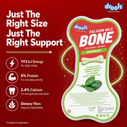 Drools Calcium Milk Bone Dog Treats – Spinach Flavour | Calcium-Rich Dental Chews for Strong Bones & Healthy Teeth