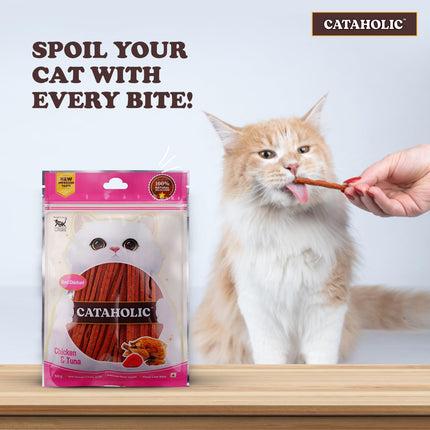 Cataholic Chicken & Fish Treats for Cats and Kittens | High Protein, Easily Digestible & Healthy Snack | Ideal Training Reward Treat for All Breeds | Chicken & Tuna Sliced, 50 gm