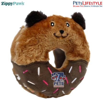 ZippyPaws Donutz Buddies – Bear | Stuffing-Free Plush Chew Toy with Dual Squeakers