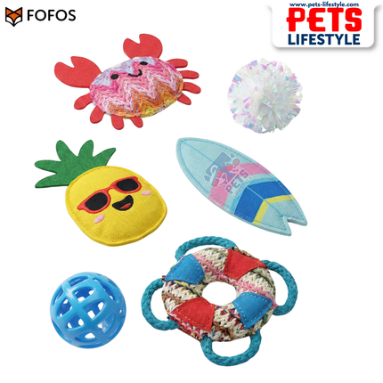FOFOS Sealife Cat Toy 6 Pack Catnip-Infused Multi-Texture Toys for Active Cats
