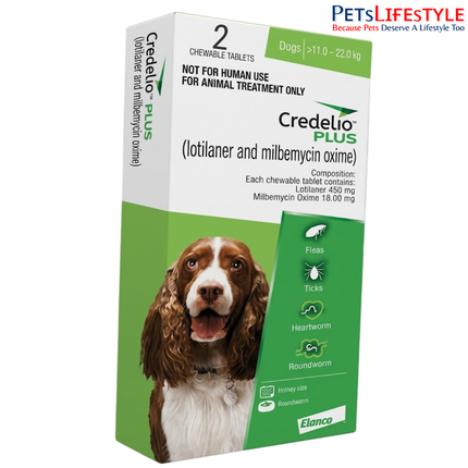 ELANCO Credelio PLUS 450 mg Chewable Tablets for Dogs 11–22 kg | Monthly Tick, Flea, Worm & Heartworm Protection