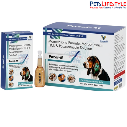 Pozol-AM Ear Drops for Dogs 3 Pipettes x 0.8 ml | Triple Action Antibacterial, Antifungal & Anti-Inflammatory Otic Solution