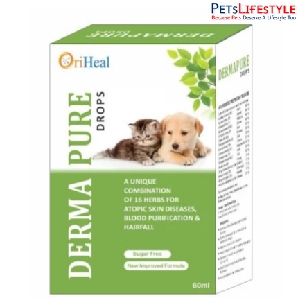 OriHeal Dermapure Drops 60 ml Herbal Skin Supplement for Dogs & Cats | Atopic Dermatitis & Hair Fall Support