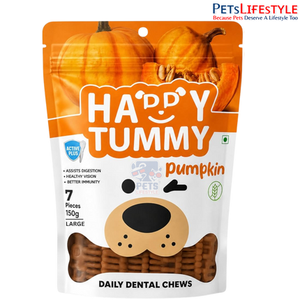 Gnawlers Happy Tummy Pumpkin Dental Bone Treat for Medium & Large Dogs | Daily Dental Chew with Pumpkin, Prebiotics & Fibre | 100% Natural Vegetarian Dog Treat