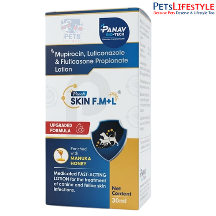 Panav Bio-Tech Pooch Skin F.M+L Medicated Lotion for Dogs & Cats – Mupirocin, Luliconazole & Fluticasone Propionate, 30 ml