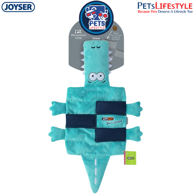 JOYSER Puzzle Crocodile Plush Dog Toy with Treat Pockets & 12 Squeakers – Green (L/XL)