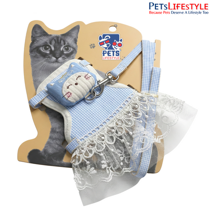 Cute Plaid Cat & Small Dog Harness with Leash Adjustable Anti-Escape Breathable Pet Vest – Light Blue