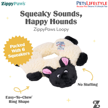 ZippyPaws Loopy – Sheep  Stuffing-Free Plush Dog Toy with 7 Round Squeakers