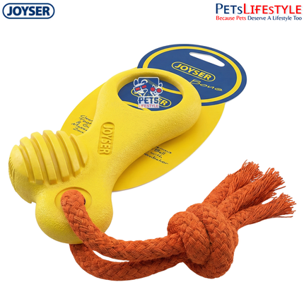 JOYSER Bone Rubber with Replaceable Tennis Ball & Squeaker Dog Toy – Yellow/Blue (M/L)
