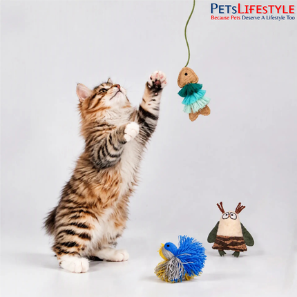 FOFOS Natural Cat Toy – Blue Bird & Fish with Wand