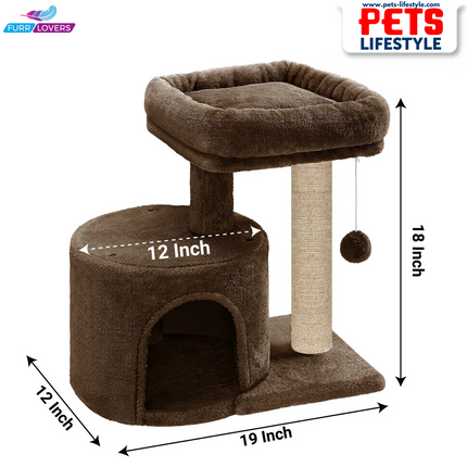 Compact Cat Tree with Scratching Post, Condo & Dangling Toy Ball – Plush Fabric (Small Space Friendly)