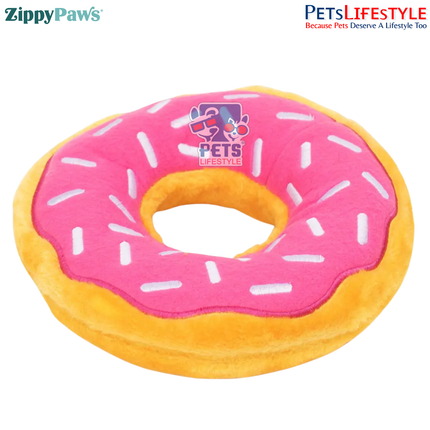 ZippyPaws Junior Donutz Dog Toy – Strawberry | Stuffing-Free Plush Chew Toy with Dual Squeakers