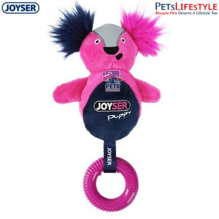 JOYSER Puppy Squirrel with Ring Dental Chew Plush Dog Toy – Pink/Dark Blue (S/M)