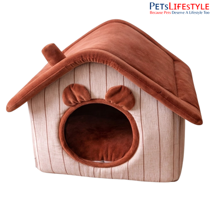 Premium Rust Velvet Cottage Pet House with Removable Roof Pet House with Plush Cushion, Indoor Pet Bed