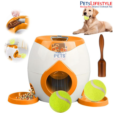 Automatic Dog Ball Launcher, Automatic Tennis Ball Food Dispenser, Training Pet Throwing Balls Machine with Snack Reward System for Small & Medium Dogs (Orange)