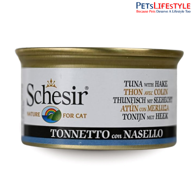 Schesir Tuna with Salmon Wet Food for Adult Cats, Natural Fish Fillets in Jelly, High Protein Premium Cat Food, No Artificial Preservatives, 85 Grams