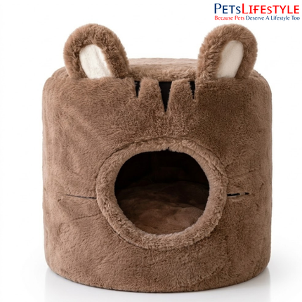 Premium Teddy Bear Plush Cylindrical Pet Cave House Pet House with Plush Cushion, Indoor Pet Bed