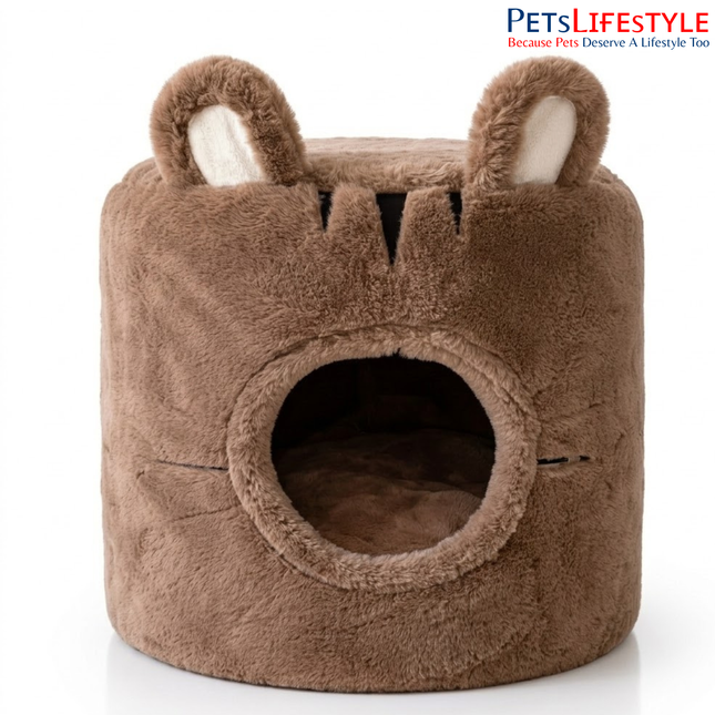 Premium Teddy Bear Plush Cylindrical Pet Cave House Pet House with Plush Cushion, Indoor Pet Bed