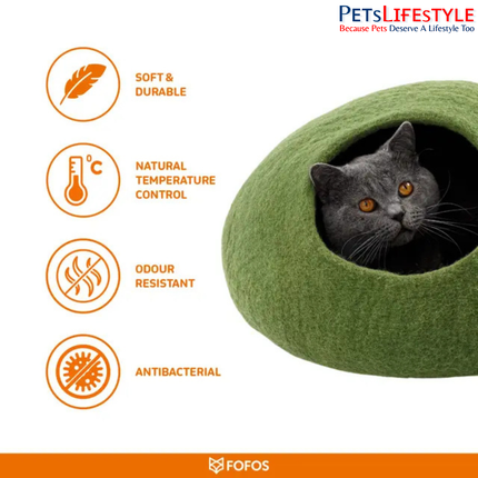 FOFOS Cat Cave Green – Handmade Wool Felt Cat House & Cozy Sleeping Bed