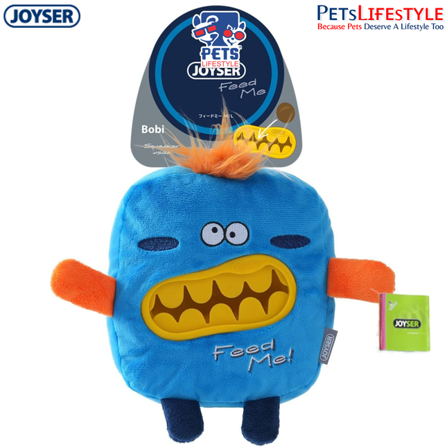 JOYSER Feed Me Bobby Treat Plush Dog Toy with Squeaker – Blue/Yellow (M/L)