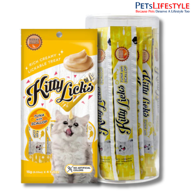 Rena’s Kitty Licks Tuna with Scallop Cat Treats – Creamy Lickable Wet Treat for Adult Cats