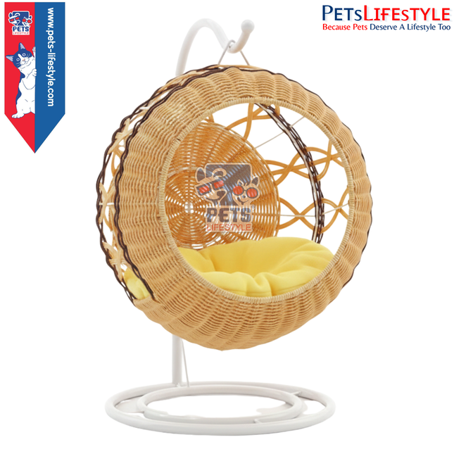 PᴇᴛsLɪғᴇsᴛʏʟᴇ Natural Rattan Cat Hammock Bed with Cushion & Toy – Handmade Swing Cat