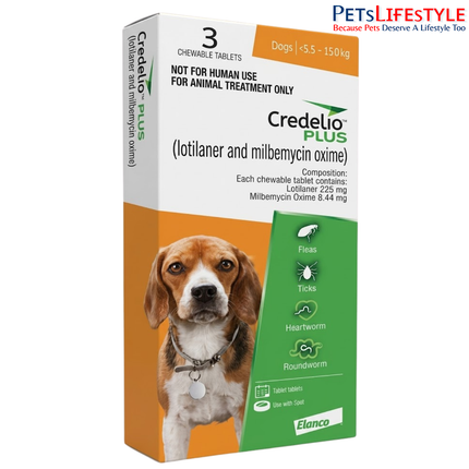 ELANCO Credelio PLUS 225 mg Chewable Tablets for Dogs 5.5–11 kg | Monthly Tick, Flea, Worm & Heartworm Protection