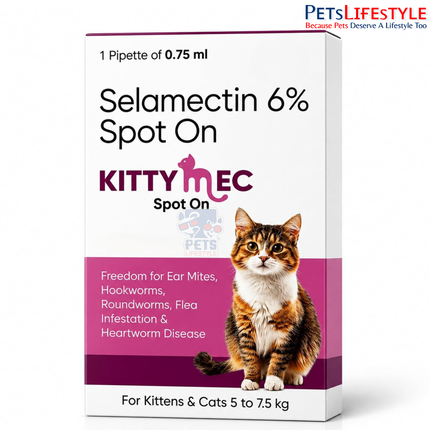 KittyMec Selamectin 6% Spot On for Cats (5–7.5 kg), 0.75 mL spot-on for flea, ear mite, worm and heartworm protection.